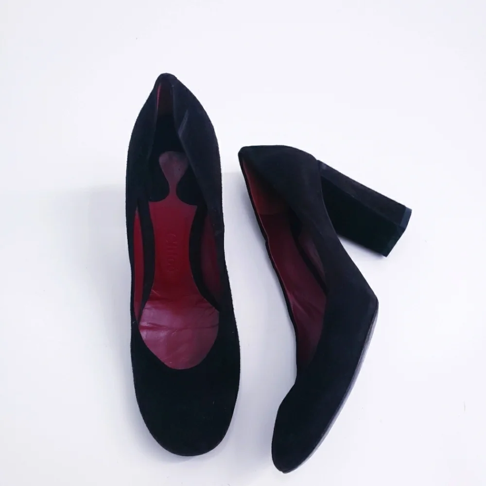 Chloe Chunky Block Round Toe Suede Heels